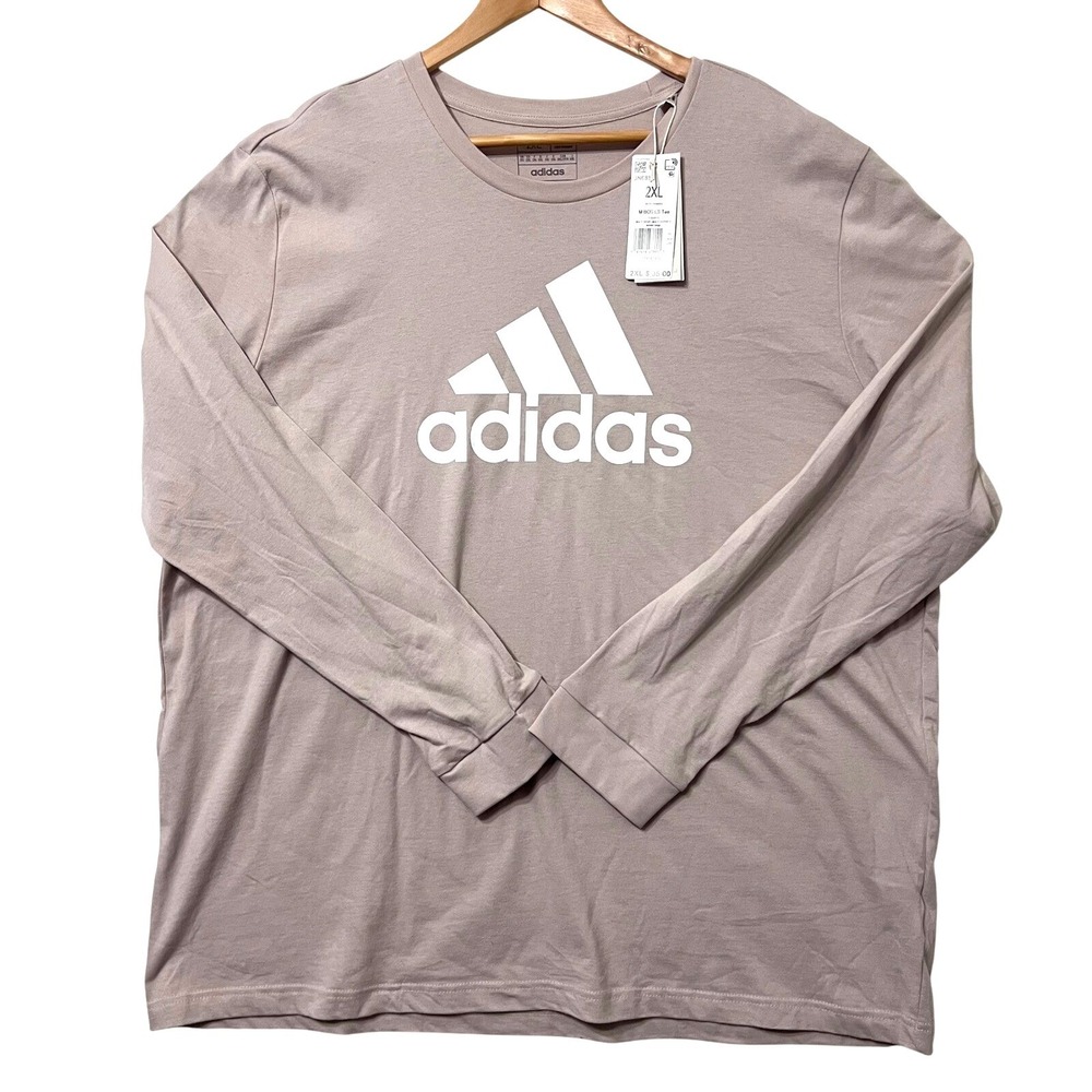 NWT Adidas Men's 2XL Long Sleeve T-Shirt Crew Neck Regular Fit Beige‎ Logo Tee - Picture 2 of 7